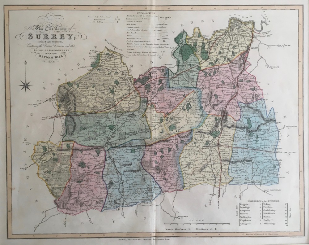 An 1833 hand-coloured engraved map of the county of Surrey by J. Duncan mounted in an off-white mat. View V