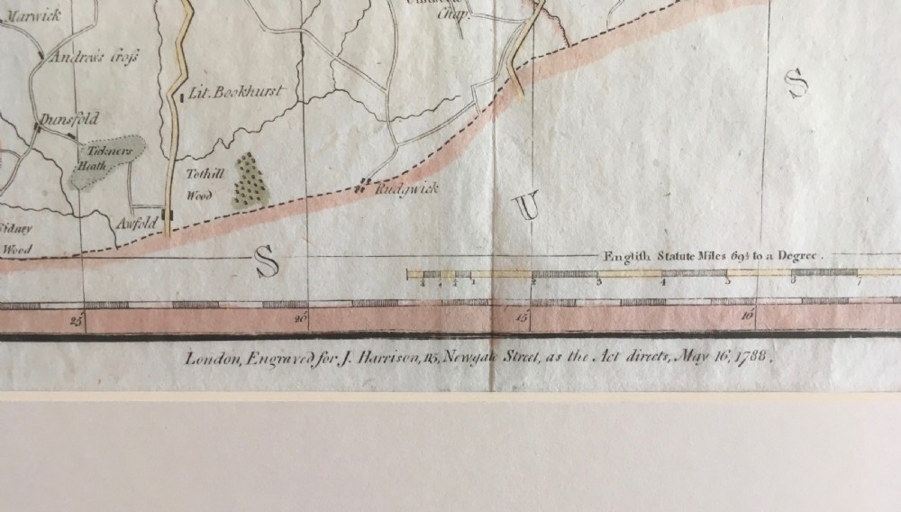 An 18th-century hand-coloured copperplate engraved map of Surrey by J. Harrison dated 1788, mounted on an off-white background. View III