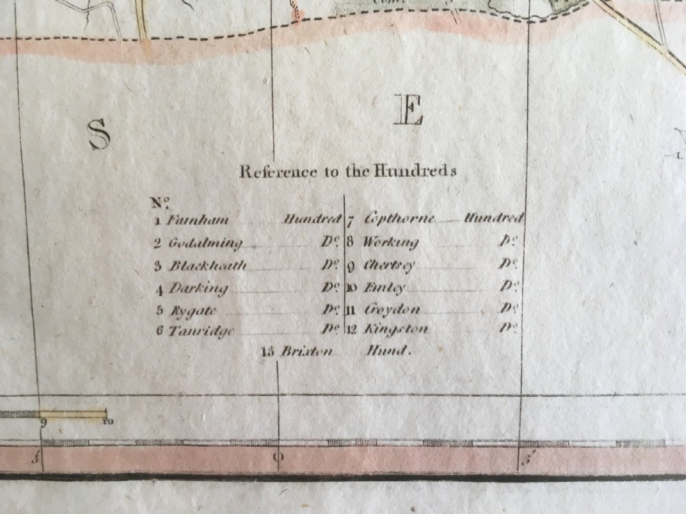 An 18th-century hand-coloured copperplate engraved map of Surrey by J. Harrison dated 1788, mounted on an off-white background. View IV