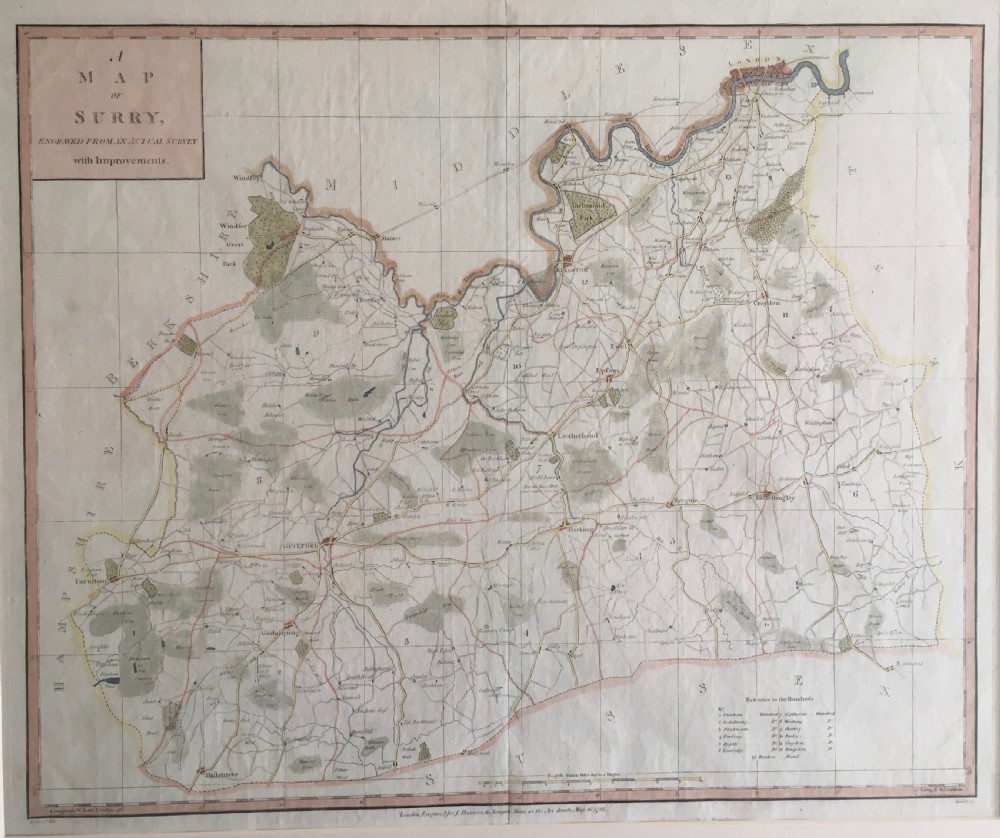 An 18th-century hand-coloured copperplate engraved map of Surrey by J. Harrison dated 1788, mounted on an off-white background. View V
