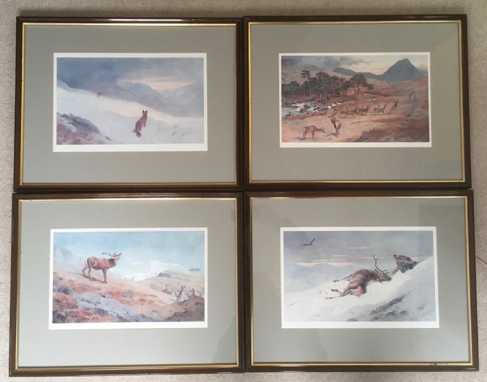 Set of 4 Archibald Thorburn Signed Prints of Deer in a Winter Landscape