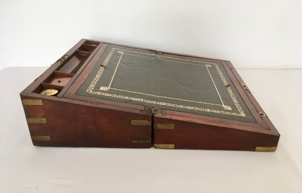 Brass Bound Walnut Campaign Writing Slope View XIII
