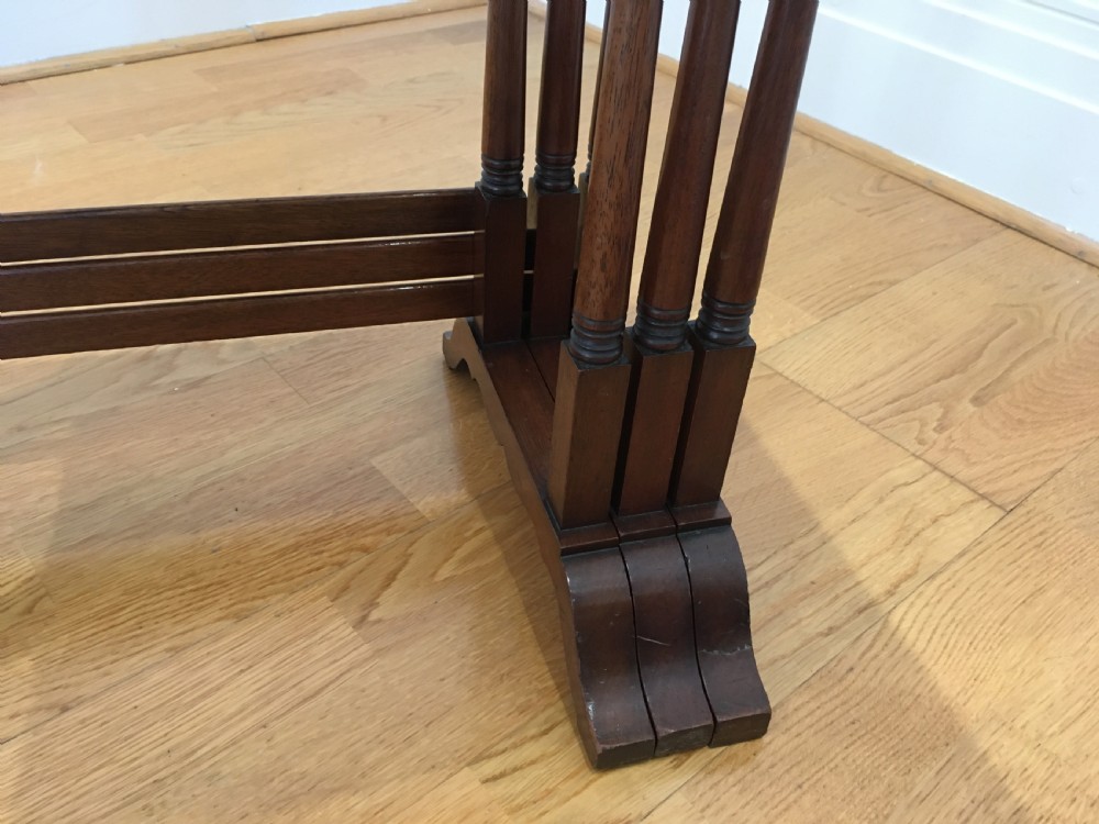 A set of three nested wooden side tables featuring rectangular tops with oval amboyna wood centres, inlaid satinwood borders, and slender turned legs. View XIV
