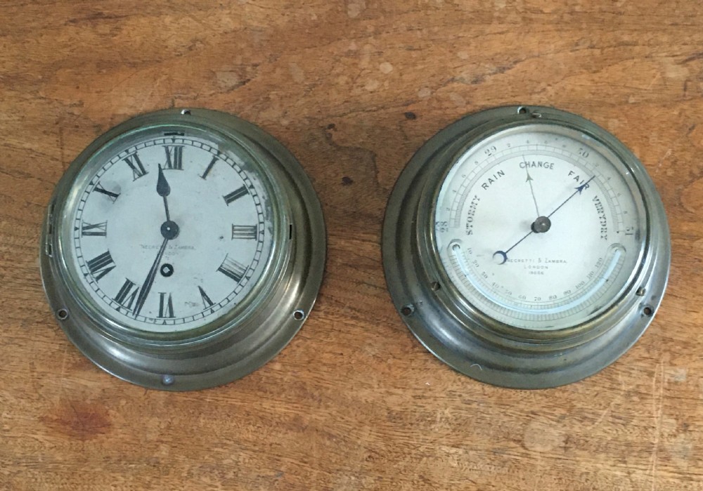Negretti & Zambra Ships Brass Port Hole Clock and Barometer