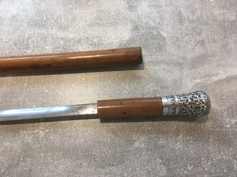 Late 19th Century Malacca Sword Stick with Silver Repousse Handle View XI