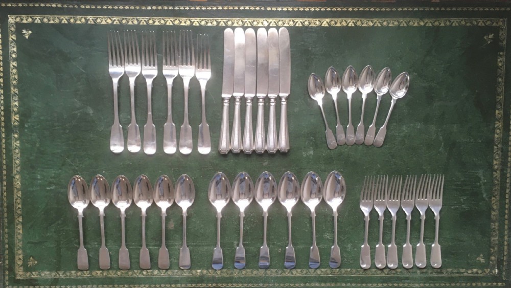 Mixed Set of 36 Pieces of Victorian Silver Fiddle Pattern Cutlery or Flatware