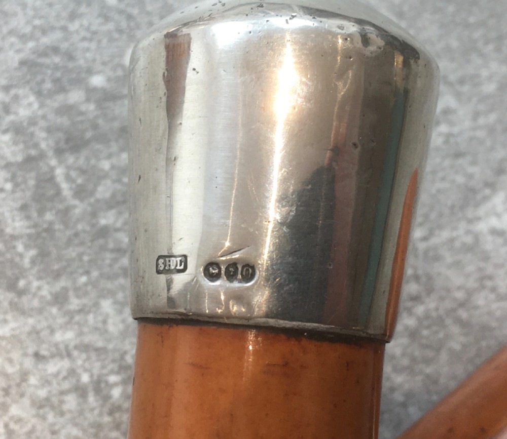 An antique Malacca cane walking stick featuring a smooth turned wood shaft, a brass ferrule at the tip, and a silver cap handle. View VI