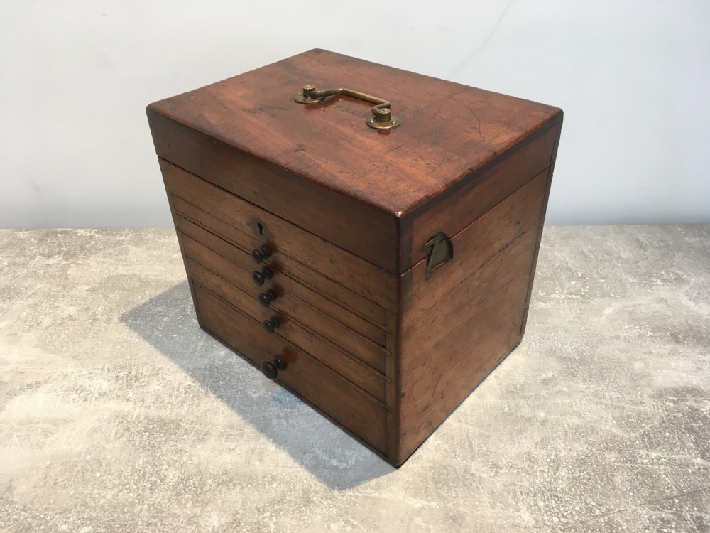 A Victorian mahogany instrument chest featuring a hinged top lid and five graduated drawers lined with dark blue velvet. View II