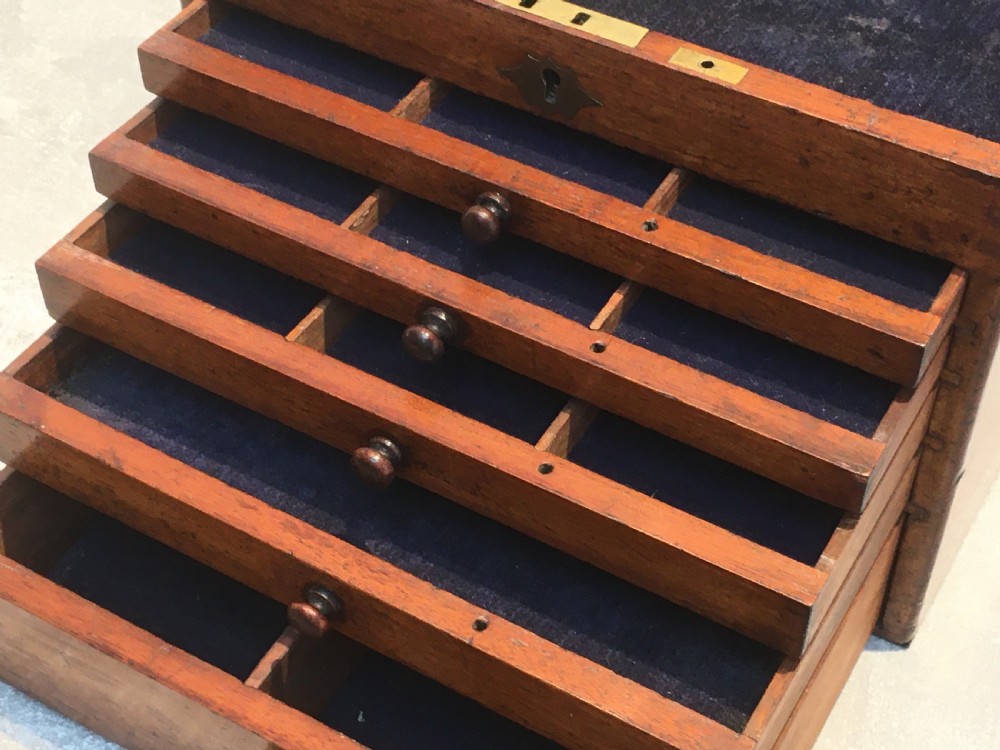 A Victorian mahogany instrument chest featuring a hinged top lid and five graduated drawers lined with dark blue velvet. View III