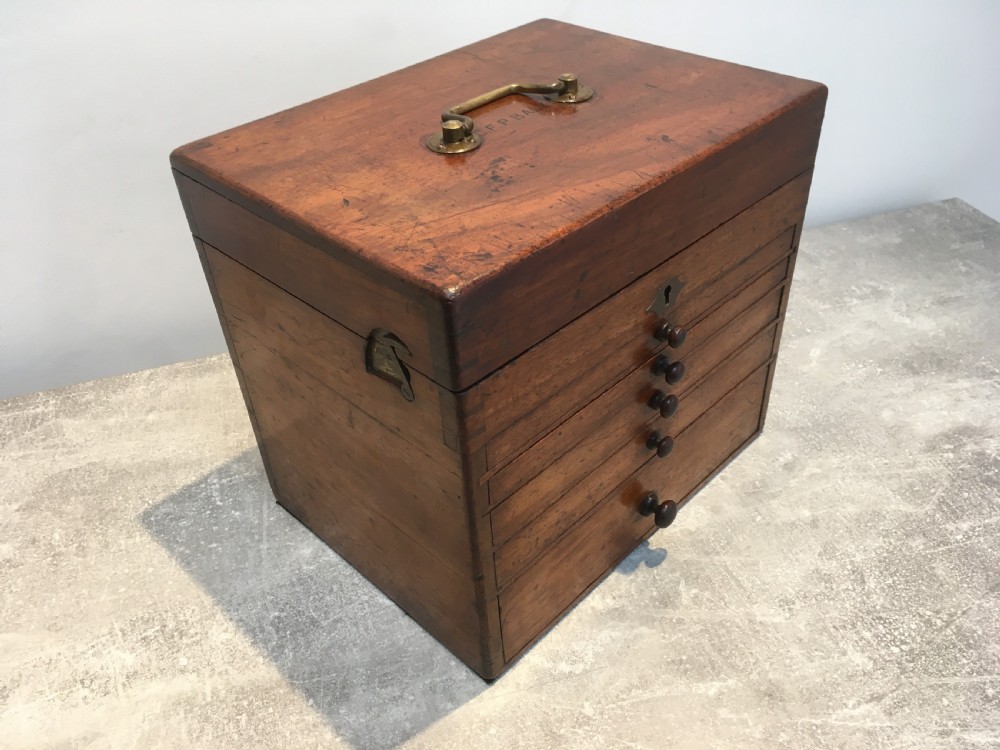 A Victorian mahogany instrument chest featuring a hinged top lid and five graduated drawers lined with dark blue velvet. View VI