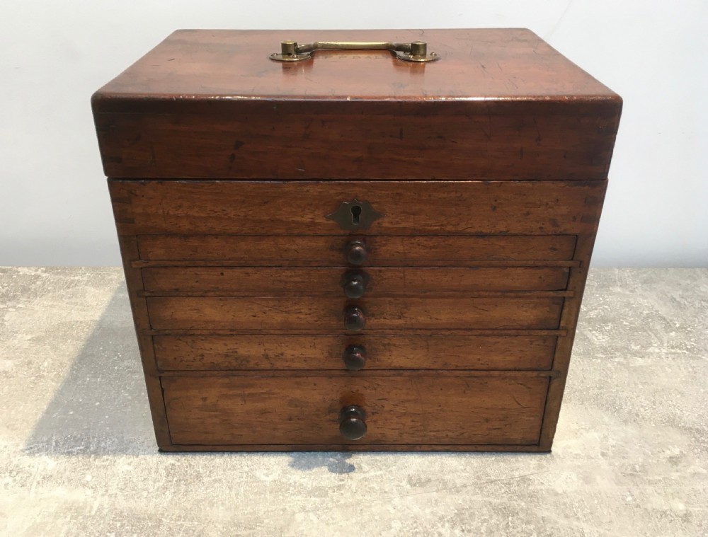 A Victorian mahogany instrument chest featuring a hinged top lid and five graduated drawers lined with dark blue velvet. View VII