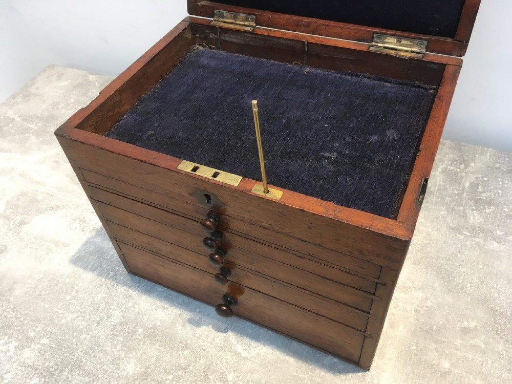 A Victorian mahogany instrument chest featuring a hinged top lid and five graduated drawers lined with dark blue velvet. View XI
