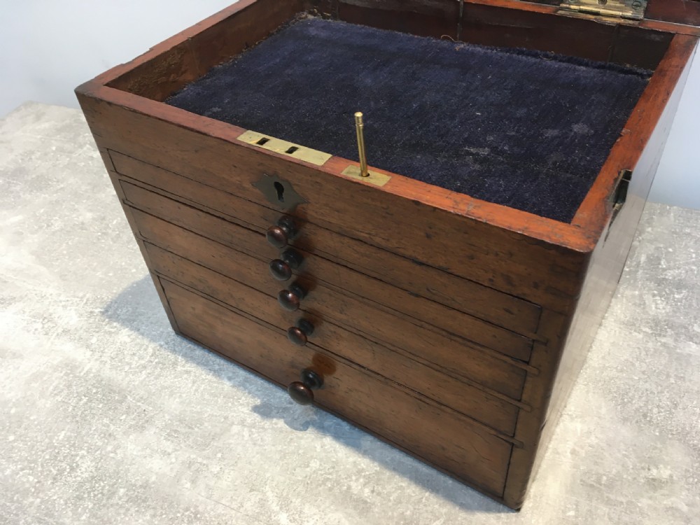 A Victorian mahogany instrument chest featuring a hinged top lid and five graduated drawers lined with dark blue velvet. View XIII