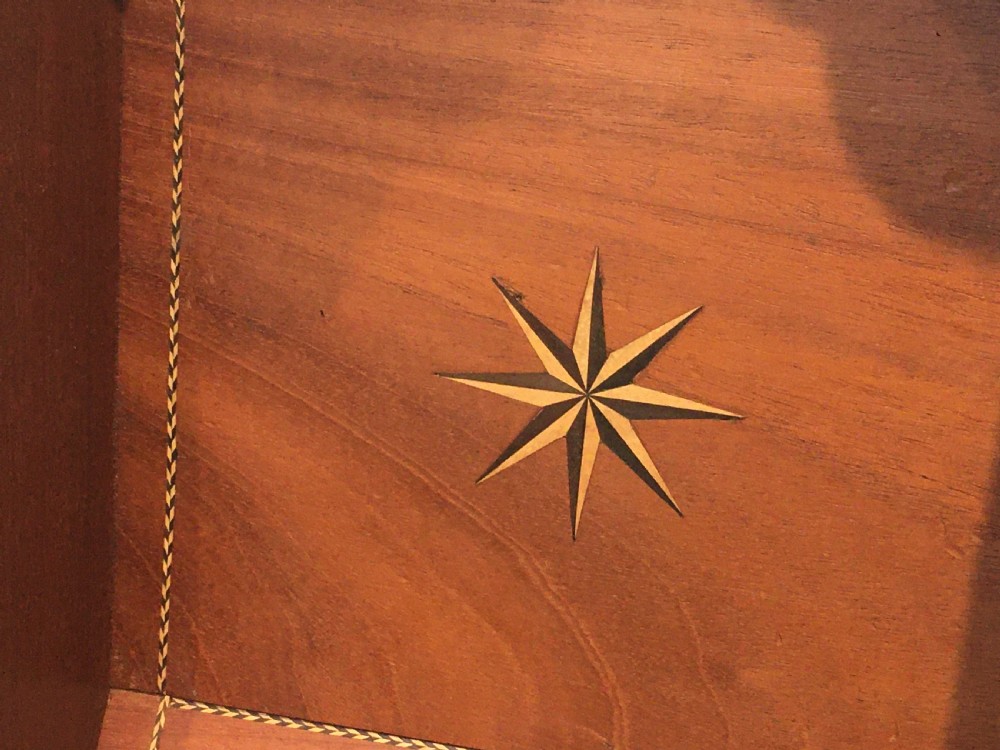 A George III mahogany slanted-top knife box shown open, featuring slotted interior fittings, string inlay, and a star marquetry motif on the inside lid. View V