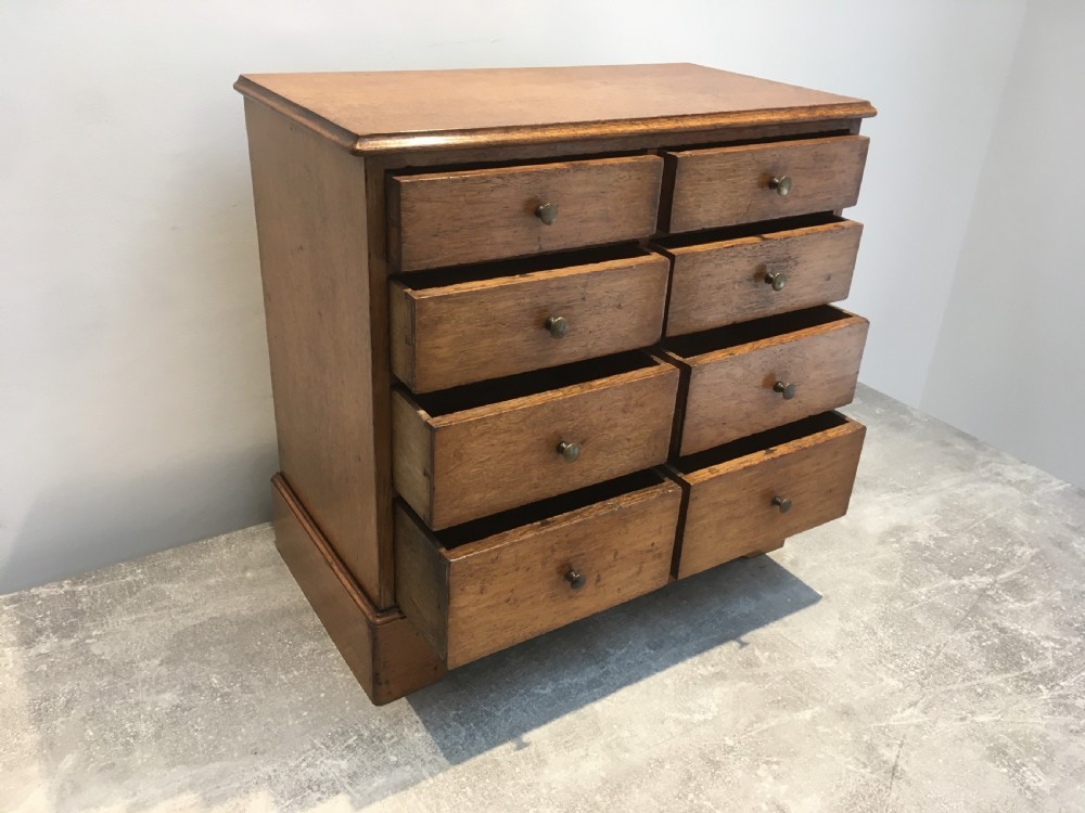 A nineteenth-century medium brown oak collectors chest featuring eight small drawers arranged in two columns with round metal knobs. View V