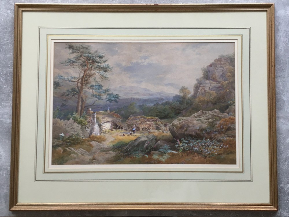 A framed 1866 watercolour painting depicting a Scottish croft among rocky hills and pine trees, set within a cream mount and thin gilt wooden frame.