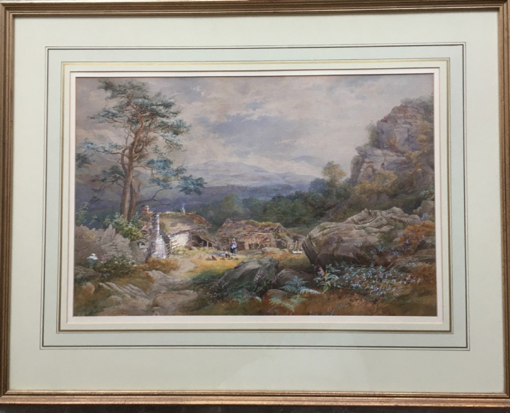 A framed 1866 watercolour painting depicting a Scottish croft among rocky hills and pine trees, set within a cream mount and thin gilt wooden frame. View II