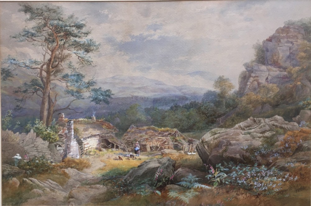 A framed 1866 watercolour painting depicting a Scottish croft among rocky hills and pine trees, set within a cream mount and thin gilt wooden frame. View III