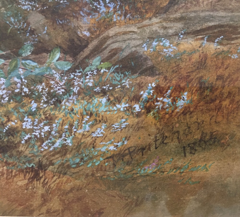 A framed 1866 watercolour painting depicting a Scottish croft among rocky hills and pine trees, set within a cream mount and thin gilt wooden frame. View IV