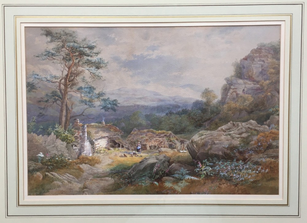 A framed 1866 watercolour painting depicting a Scottish croft among rocky hills and pine trees, set within a cream mount and thin gilt wooden frame. View VI