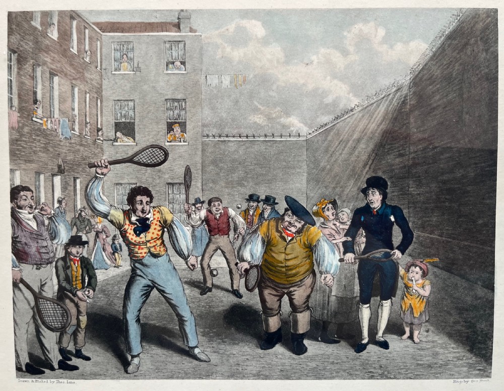 Framed hand-coloured nineteenth-century print depicting figures playing rackets in a prison courtyard. View III