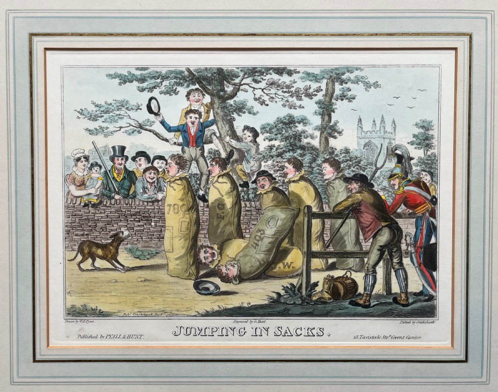 A framed Georgian hand-coloured satirical print titled Jumping in Sacks depicting figures participating in a sack race within a gilded wood frame and lined cream mount. View II
