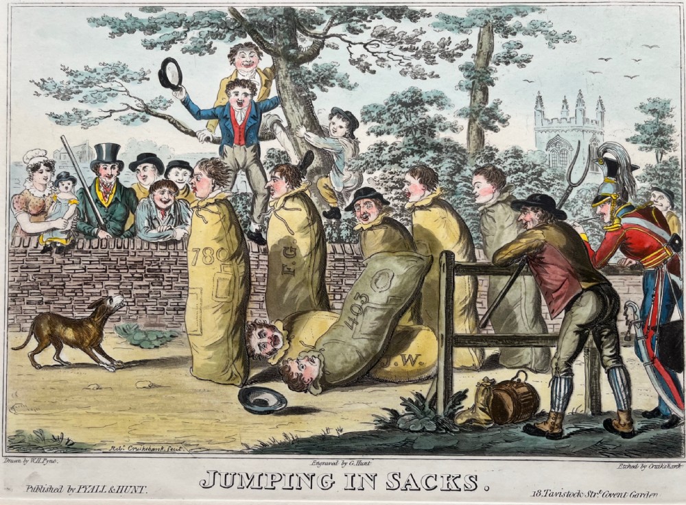 A framed Georgian hand-coloured satirical print titled Jumping in Sacks depicting figures participating in a sack race within a gilded wood frame and lined cream mount. View III