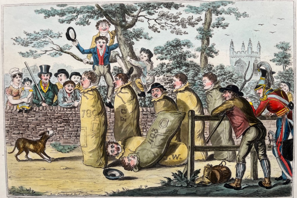 A framed Georgian hand-coloured satirical print titled Jumping in Sacks depicting figures participating in a sack race within a gilded wood frame and lined cream mount. View V