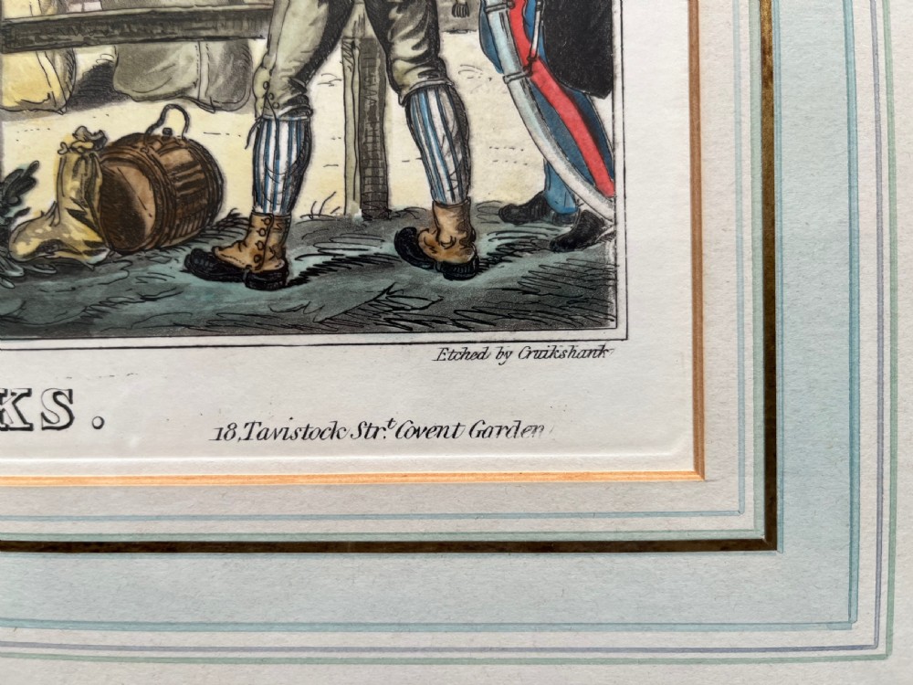 A framed Georgian hand-coloured satirical print titled Jumping in Sacks depicting figures participating in a sack race within a gilded wood frame and lined cream mount. View VI