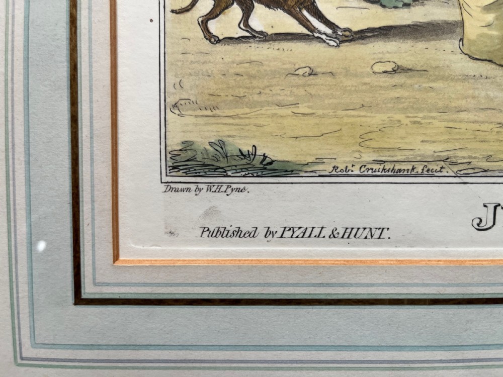 A framed Georgian hand-coloured satirical print titled Jumping in Sacks depicting figures participating in a sack race within a gilded wood frame and lined cream mount. View VII