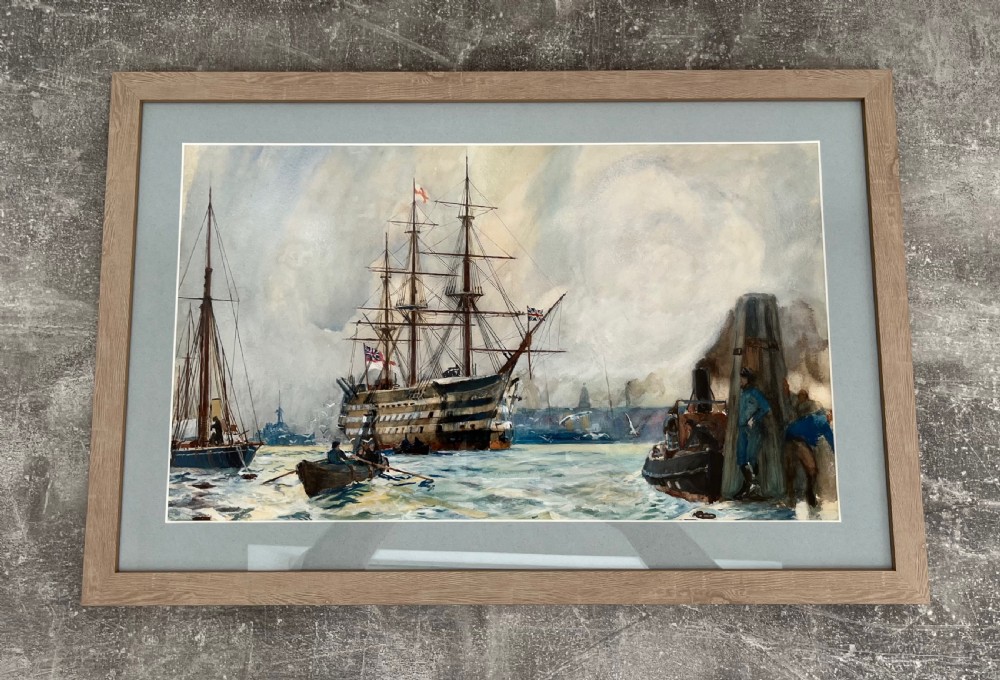 Framed Watercolour HMS Victory moored off Portsmouth
