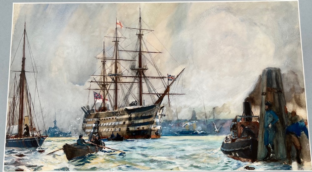 Framed Watercolour HMS Victory moored off Portsmouth View II