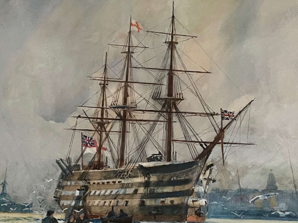 Framed Watercolour HMS Victory moored off Portsmouth View IV