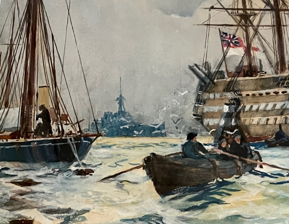 Framed Watercolour HMS Victory moored off Portsmouth View VI