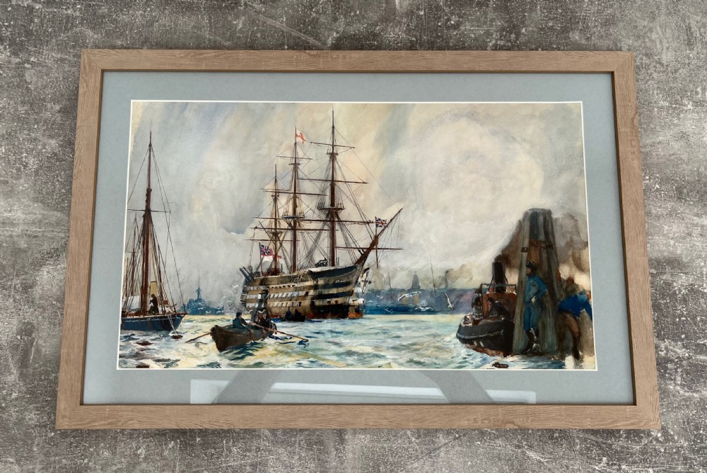 Framed Watercolour HMS Victory moored off Portsmouth View VII
