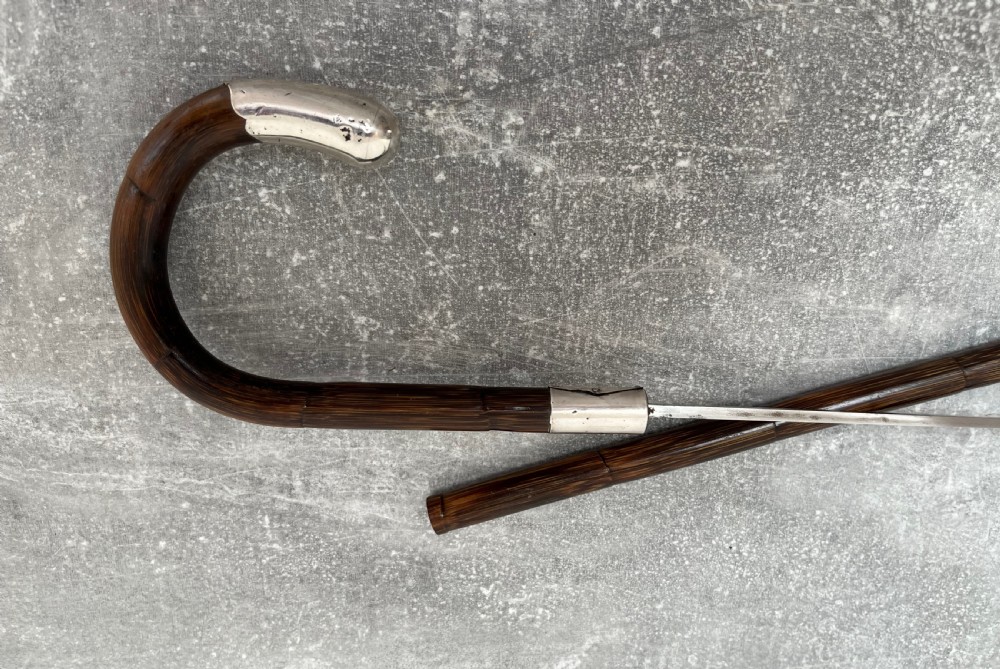 A dark brown malacca cane walking stick featuring a curved crook handle, a silver end cap, a silver collar, and a brass ferrule at the tip. View III
