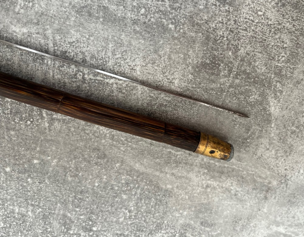 A dark brown malacca cane walking stick featuring a curved crook handle, a silver end cap, a silver collar, and a brass ferrule at the tip. View V