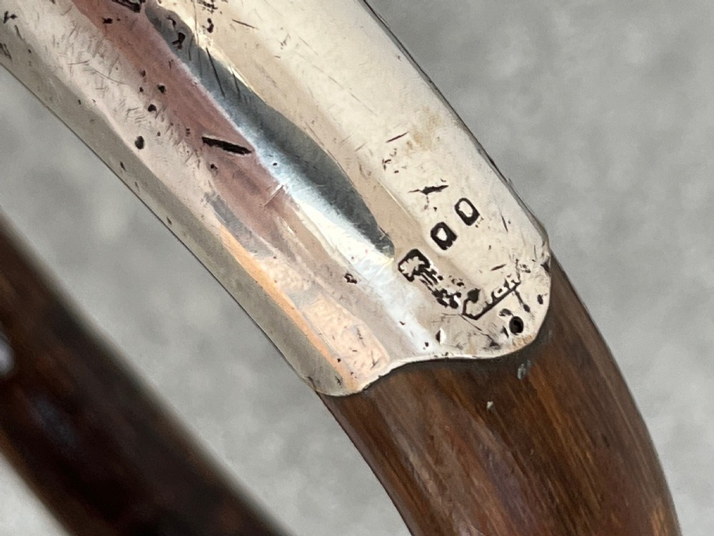 A dark brown malacca cane walking stick featuring a curved crook handle, a silver end cap, a silver collar, and a brass ferrule at the tip. View IX