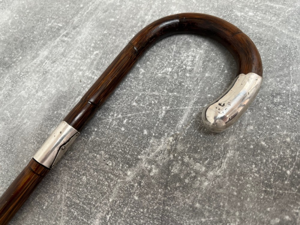 A dark brown malacca cane walking stick featuring a curved crook handle, a silver end cap, a silver collar, and a brass ferrule at the tip. View XI