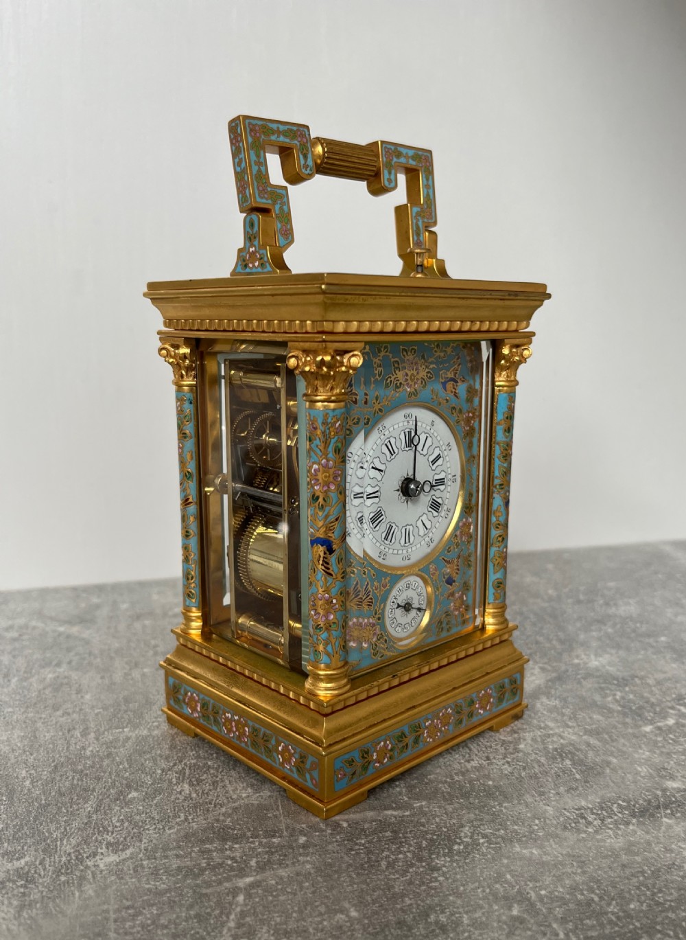 French Cloisonne Enamel Carriage Clock in Anglaise Riche Case View V