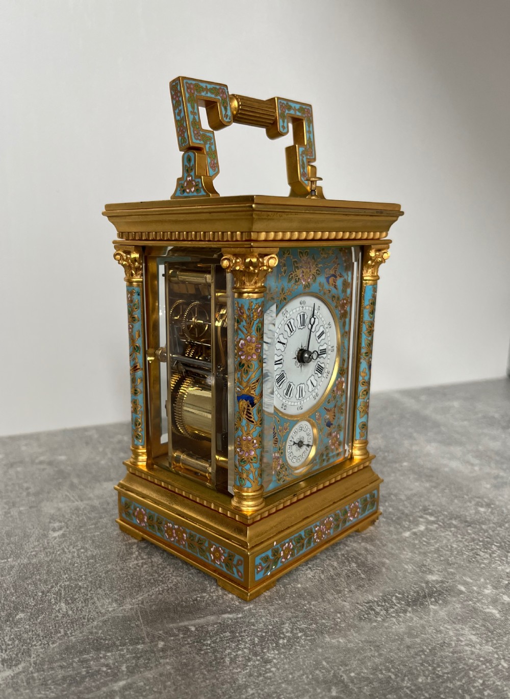 French Cloisonne Enamel Carriage Clock in Anglaise Riche Case View XII