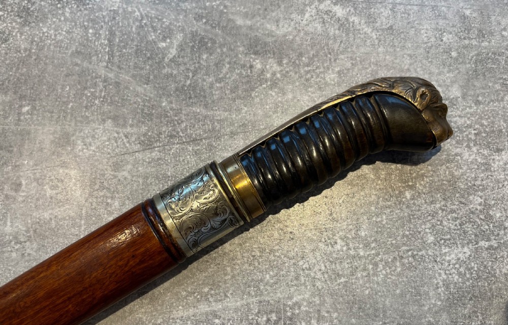 Oval Malacca Sword Cane with Brass Lions Head Handle View X