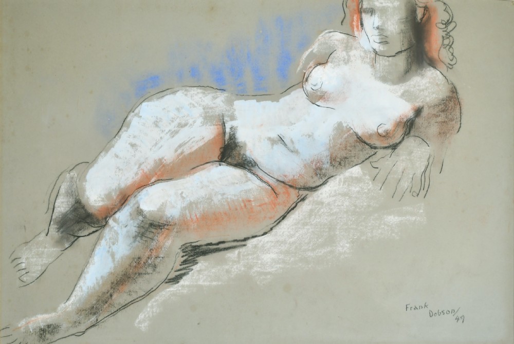 A mid-twentieth-century figure drawing by Frank Dobson depicting a reclining female nude executed in charcoal, white chalk, terracotta, and blue pastel on grey paper.