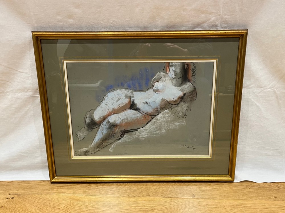 A mid-twentieth-century figure drawing by Frank Dobson depicting a reclining female nude executed in charcoal, white chalk, terracotta, and blue pastel on grey paper. View II