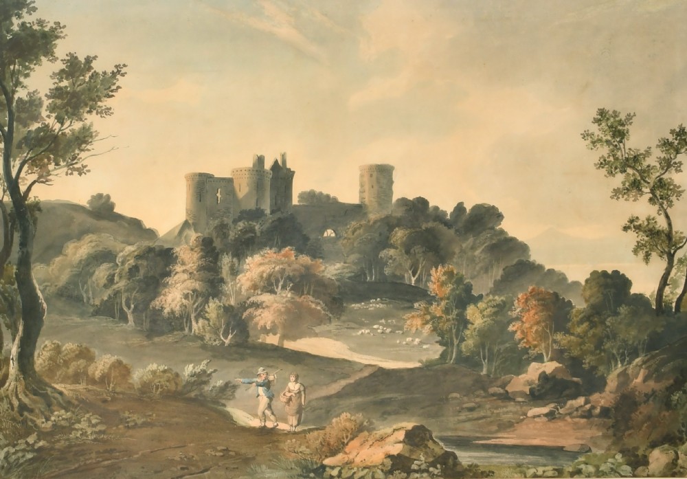 An 18th-century watercolour painting depicting figures walking along a path towards a medieval castle ruin surrounded by trees.