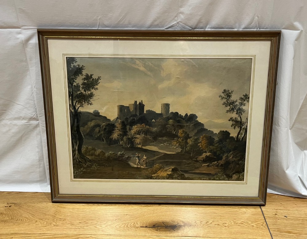 An 18th-century watercolour painting depicting figures walking along a path towards a medieval castle ruin surrounded by trees. View II