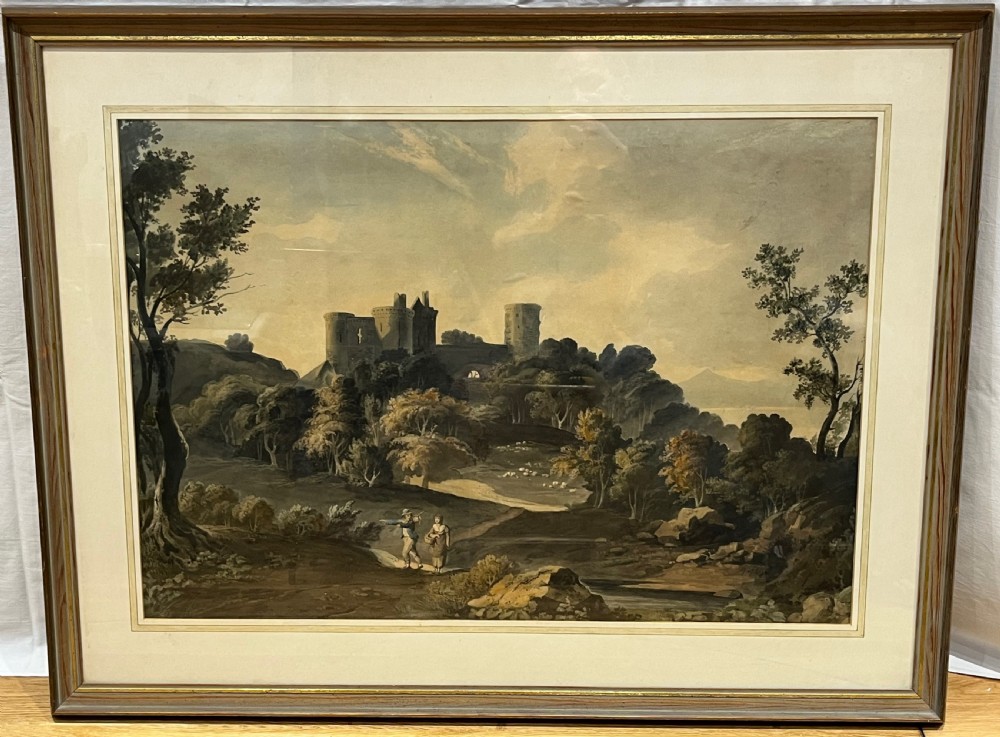 An 18th-century watercolour painting depicting figures walking along a path towards a medieval castle ruin surrounded by trees. View III