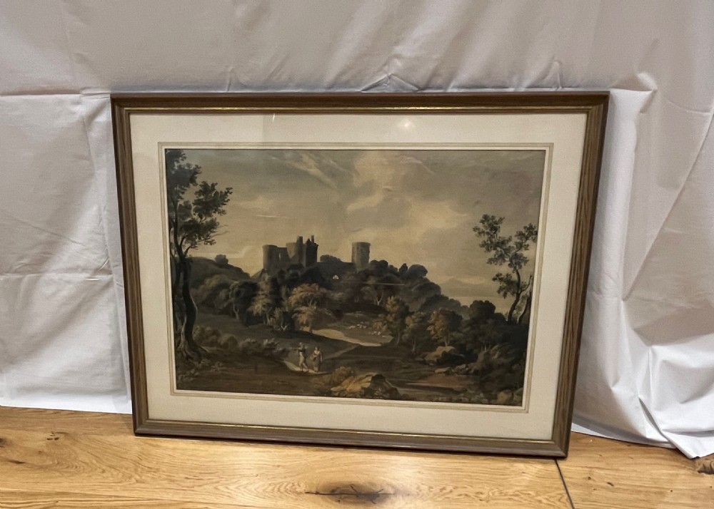 An 18th-century watercolour painting depicting figures walking along a path towards a medieval castle ruin surrounded by trees. View IV
