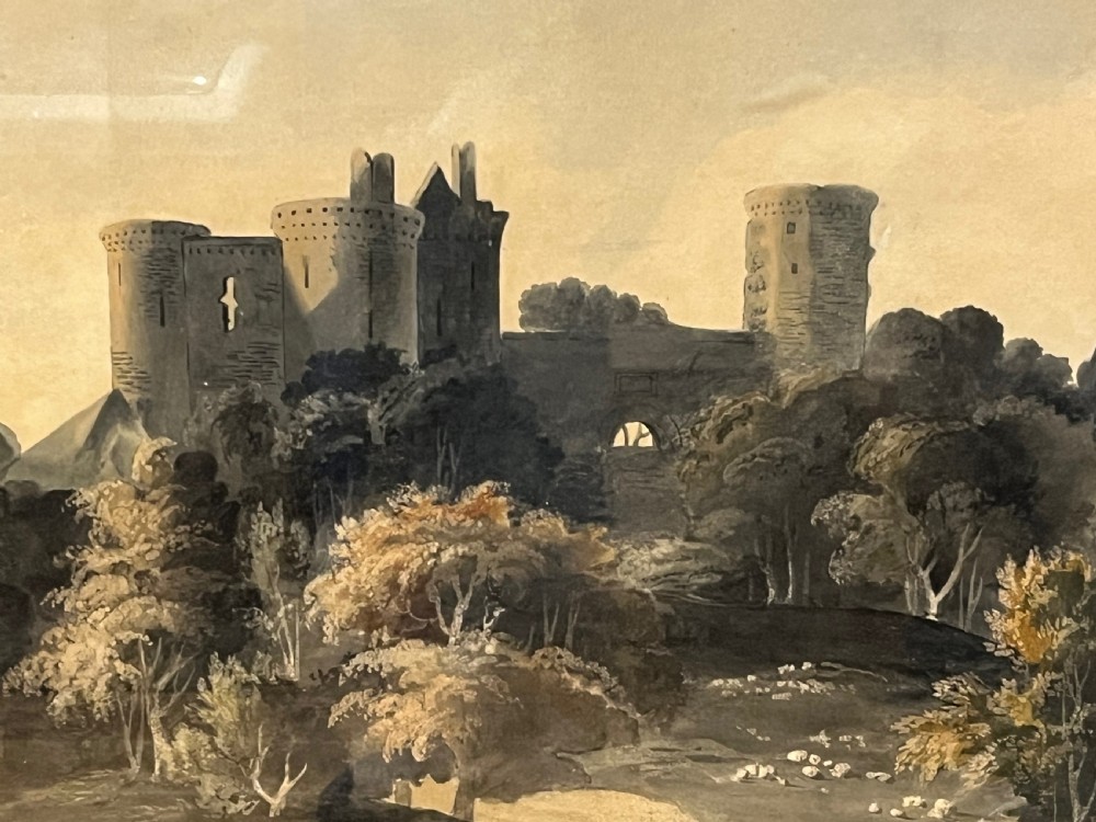 An 18th-century watercolour painting depicting figures walking along a path towards a medieval castle ruin surrounded by trees. View VII