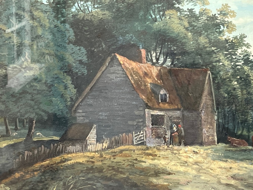 A framed 19th-century watercolour painting featuring a rustic cottage nestled among lush trees with livestock in a rolling landscape, presented in a gilt frame. View III